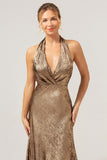 Golden Halter Backless Mermaid Metallic Wedding Guest Dress