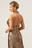 Golden Halter Backless Mermaid Metallic Wedding Guest Dress