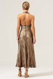 Golden Halter Backless Mermaid Metallic Wedding Guest Dress