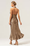 Golden Halter Backless Mermaid Metallic Wedding Guest Dress