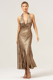 Golden Halter Backless Mermaid Metallic Wedding Guest Dress