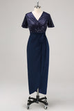 Navy Sheath Sequined Wedding Guest Dress with Sash