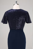 Navy Sheath Sequined Wedding Guest Dress with Sash