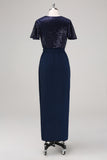 Navy Sheath Sequined Wedding Guest Dress with Sash