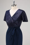 Navy Sheath Sequined Wedding Guest Dress with Sash