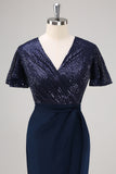 Navy Sheath Sequined Wedding Guest Dress with Sash