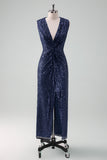 Glitter Navy V-Neck Sleeveless Sheath Wedding Guest Dress with Slit