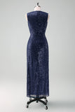 Glitter Navy V-Neck Sleeveless Sheath Wedding Guest Dress with Slit