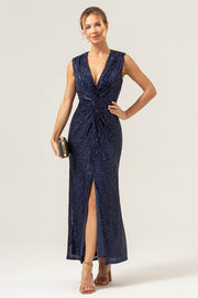 Glitter Navy V-Neck Sleeveless Sheath Wedding Guest Dress with Slit