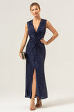 Navy V-neck Sheath Sequins Midi Cocktail Dress with Slit