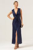 Glitter Navy V-Neck Sleeveless Sheath Wedding Guest Dress with Slit