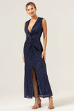 Glitter Navy V-Neck Sleeveless Sheath Wedding Guest Dress with Slit