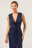 Glitter Navy V-Neck Sleeveless Sheath Wedding Guest Dress with Slit