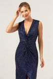 Glitter Navy V-Neck Sleeveless Sheath Wedding Guest Dress with Slit