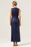 Navy V-neck Sheath Sequins Midi Cocktail Dress with Slit