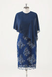 Navy Cap Sleeves Applique Sheath Mother of the Bride Dress with Wrap