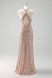 Sparkly Blush Halter Mermaid Long Prom Dress