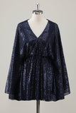 Sparkly Navy Short A-Line Prom Dress with Long Sleeves