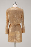 Golden Sequins Short Tight V Neck Prom Dress