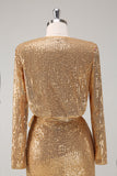 Golden Sequins Short Tight V Neck Prom Dress