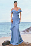 Grey Blue Cold Shoulder Mermaid Bridesmaid Dress with Ruffles