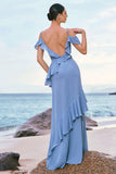 Grey Blue Cold Shoulder Mermaid Bridesmaid Dress with Ruffles