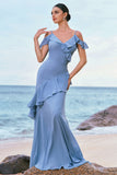 Grey Blue Cold Shoulder Mermaid Bridesmaid Dress with Ruffles