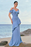 Grey Blue Cold Shoulder Mermaid Bridesmaid Dress with Ruffles