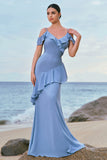 Grey Blue Cold Shoulder Mermaid Bridesmaid Dress with Ruffles