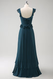 Dark Peacock Green A-Line Chiffon Bridesmaid Dress with Ruffles