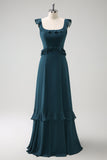 Dark Peacock Green A-Line Chiffon Bridesmaid Dress with Ruffles