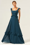 Dark Peacock Green A-Line Chiffon Bridesmaid Dress with Ruffles