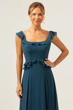 Dark Peacock Green A-Line Chiffon Bridesmaid Dress with Ruffles