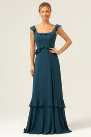 Dark Peacock Green A-Line Chiffon Bridesmaid Dress with Ruffles