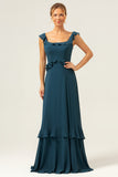 Dark Peacock Green A-Line Chiffon Bridesmaid Dress with Ruffles