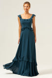 Dark Peacock Green A-Line Chiffon Bridesmaid Dress with Ruffles