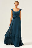 Dark Peacock Green A-Line Chiffon Bridesmaid Dress with Ruffles