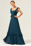 Dark Peacock Green A-Line Chiffon Bridesmaid Dress with Ruffles