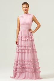 Blush Pleated Chiffon A-Line Bridesmaid Dress with Ruffles