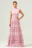 Blush Ruffled Chiffon A-Line Bridesmaid Dress with Open Back