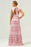 Blush Ruffled Chiffon A-Line Bridesmaid Dress with Open Back