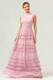 Blush Pleated Chiffon A-Line Bridesmaid Dress with Ruffles