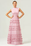 Blush Pleated Chiffon A-Line Bridesmaid Dress with Ruffles