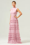 Blush Pleated Chiffon A-Line Bridesmaid Dress with Ruffles