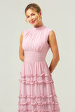 Blush Pleated Chiffon A-Line Bridesmaid Dress with Ruffles