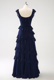 Dark Navy Square Neck A-Line Tiered Chiffon Bridesmaid Dress with Slit