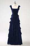 Dark Navy Square Neck A-Line Tiered Chiffon Bridesmaid Dress with Slit