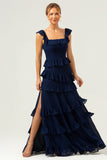 Dark Navy Square Neck A-Line Tiered Chiffon Bridesmaid Dress with Slit