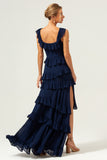 Dark Navy Square Neck A-Line Tiered Chiffon Bridesmaid Dress with Slit