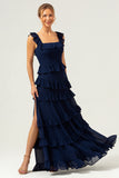 Dark Navy Square Neck A-Line Tiered Chiffon Bridesmaid Dress with Slit